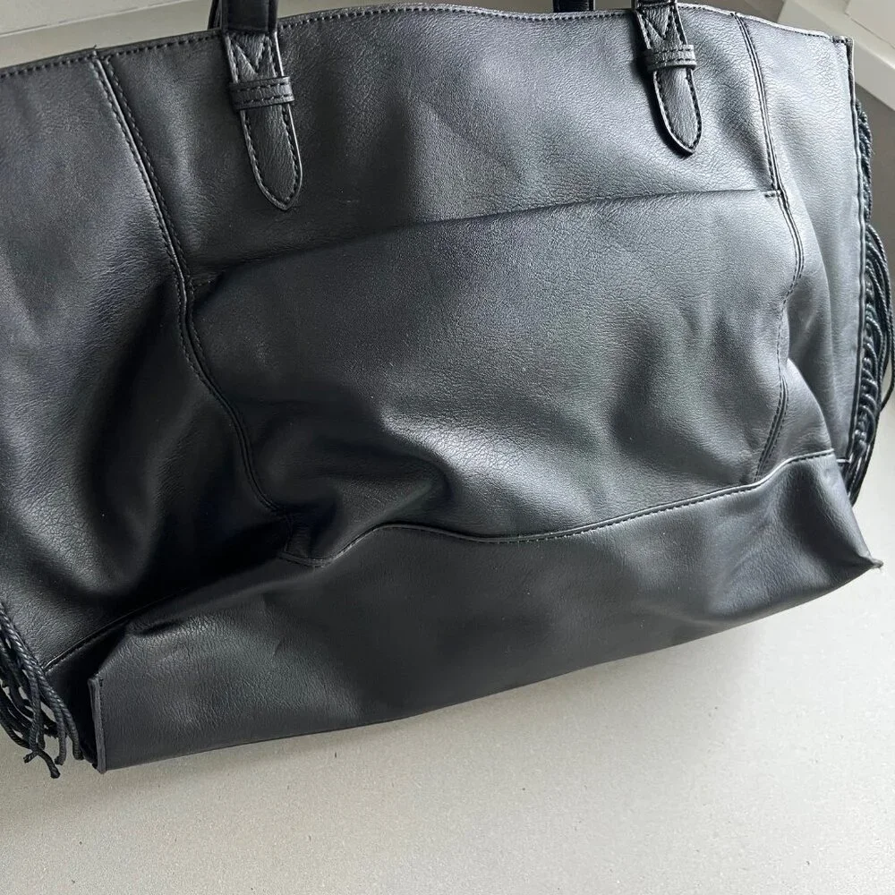 Simply Vera Wang Black Boswell Basketweave Fringe Faux Leather Black Satchel